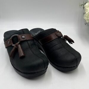 Dansko Shandi Black Leather Brown Tassel harness Wedge Heel Clogs Sz 38/7